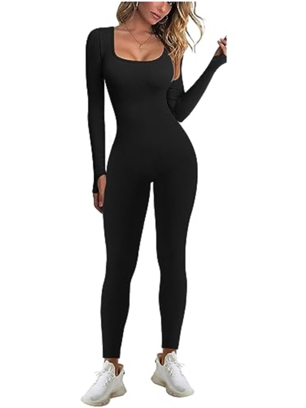 Ribbed Square Neck Long Sleeve Jumpsuit Bodycon Yoga One Piece Unitard